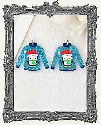 Vintage Christmas Acrylic Charms - Set of 2 - Blue Glitter Penguin Sweater