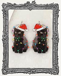 Vintage Christmas Double Sided Acrylic Charms - Set of 2 - Christmas Lights Black Cat