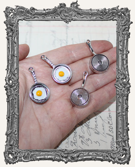 Antique SILVER Egg and Frying Pan Charms - Set of 2