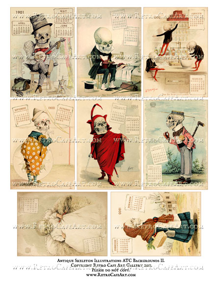 Antique Skeleton Illustrations ATC Backgrounds Collage Sheet II