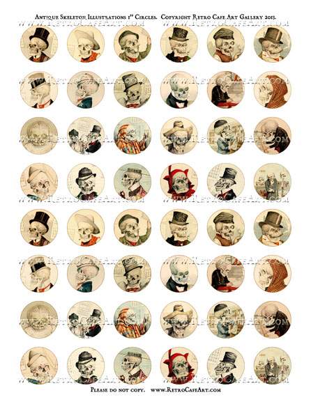 Antique Skeleton Illustrations 1 Inch Circles Collage Sheet